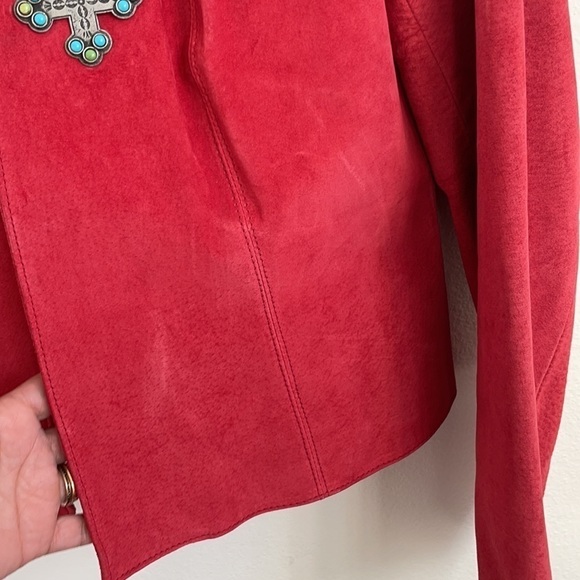 Double D Ranch Coral red embellished suede leather jacket M - Picture 6 of 12